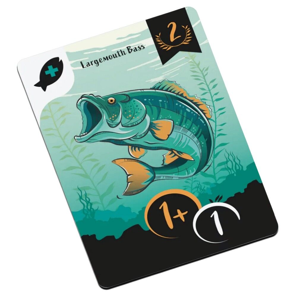 Card with a largemouth bass illustration and game elements on a white background