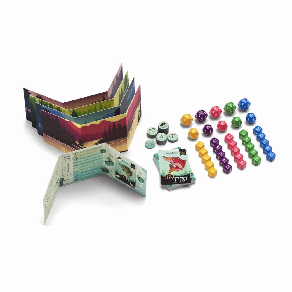 Board game components including cards and colorful dice on a white background for the board game 'Lure'