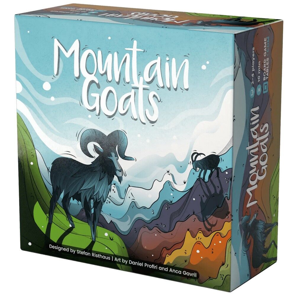 Board game box for 'Mountain Goats' with mountain and goat illustration on a colorful background.