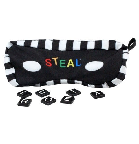 Steal board game black and white striped pouch with colorful 'STEAL' text, surrounded by scattered letters on a white background