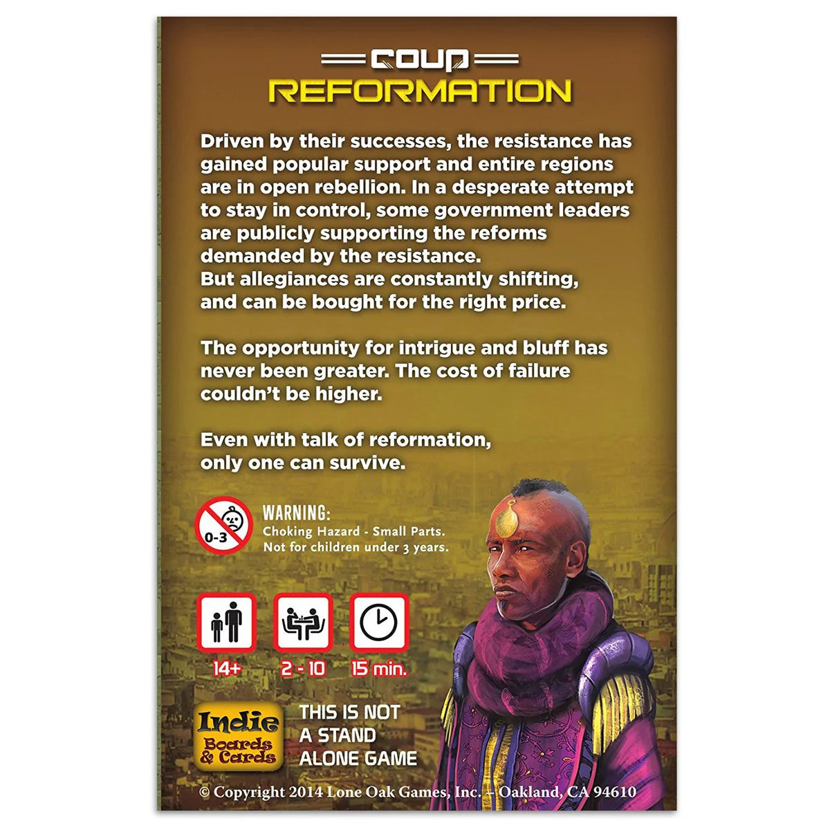 Card game box for 'Coup Reformation' with text and character illustration on a brown background