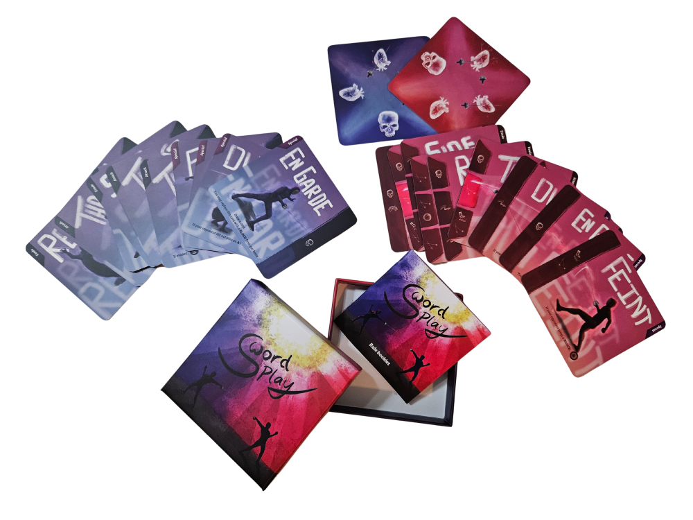 Colorful playing cards with various designs on a white background for the game 'Sword Play'