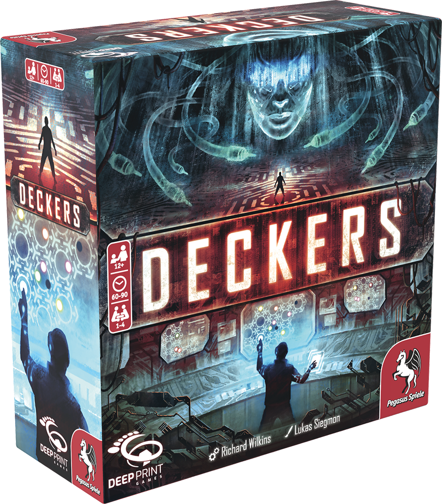 Board game box for 'Deckers' with sci-fi design elements.