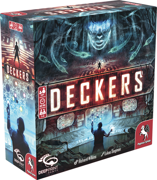 Board game box for 'Deckers' with sci-fi design elements.