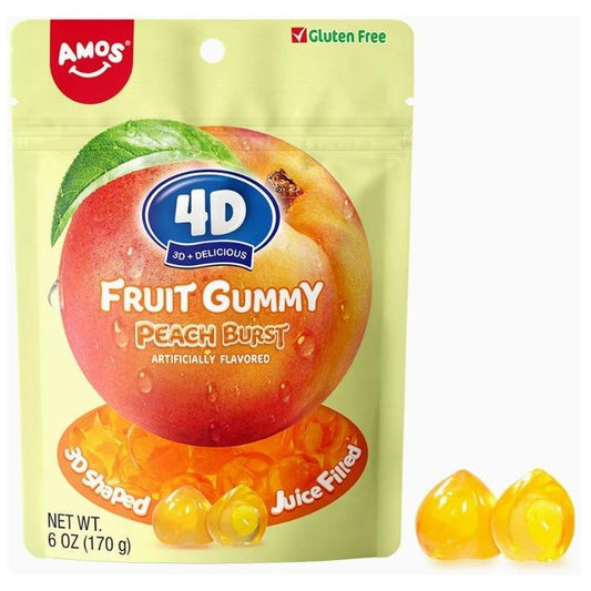 A 170g pack of Twice as Sweet 4D Fruit Gummy Peach Burst (China) features a large peach image, artificially flavored label, two juice-filled gummies upfront, and notes Gluten Free on the packaging.