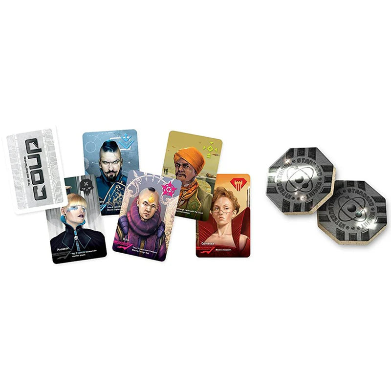 Components for board game 'Coup' on a white background
