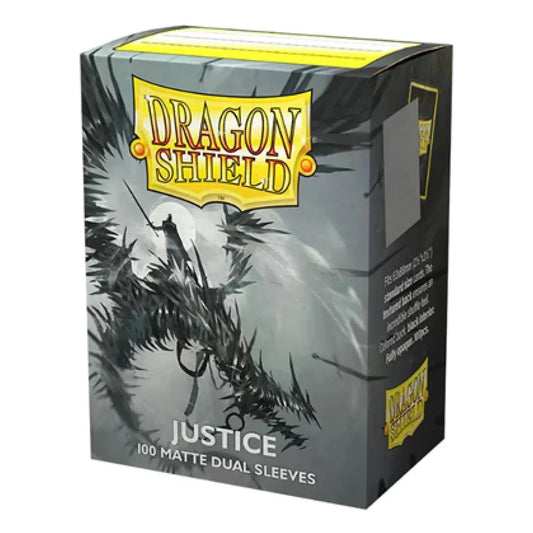 Dragon Shield Justice 100 Matte Dual Sleeves box, featuring a dark gray and black dragon illustration with a yellow brand logo on a white background.