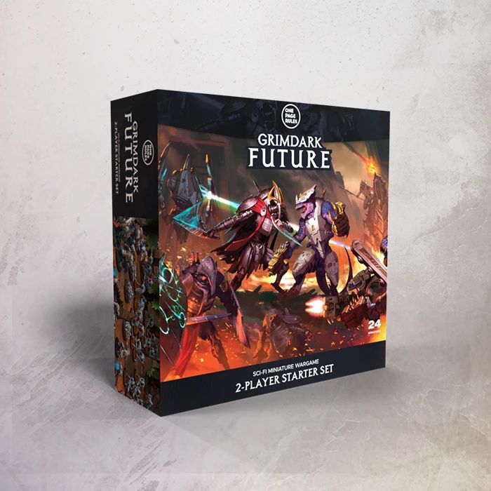 One Page Rules Grimdark Future sci-fi miniature wargame starter set packaging on a gray background
