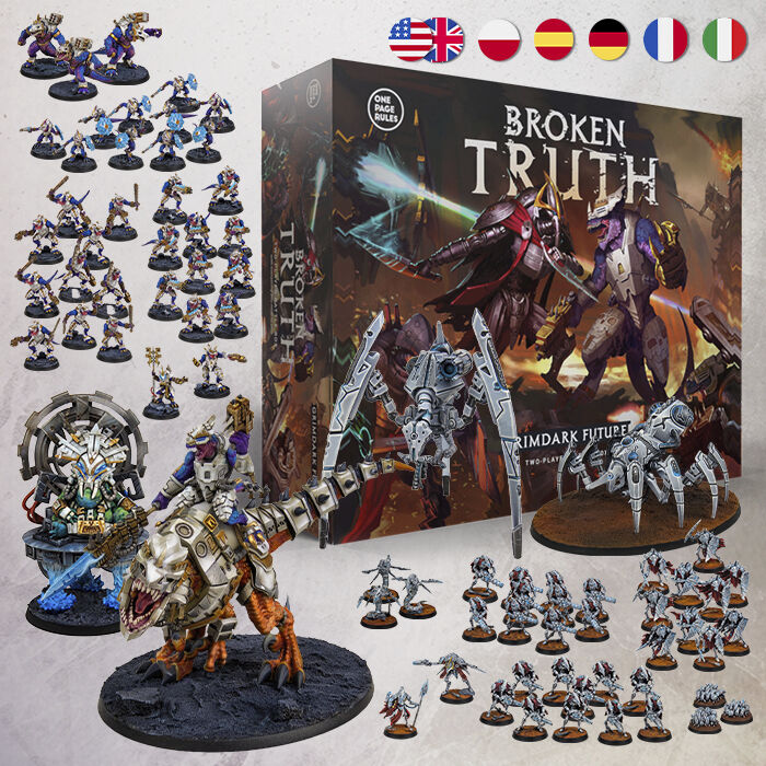 Collection of 'One Page Rules' miniature figurines and game box for 'Broken Truth' on a light gray background