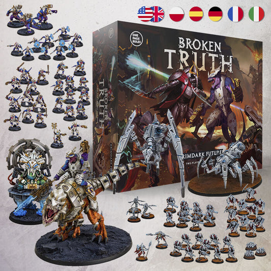 Collection of 'One Page Rules' miniature figurines and game box for 'Broken Truth' on a light gray background