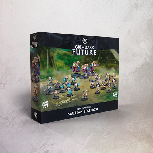 One Page Rules Grimdark Future Saurian Starhost game box with miniature figures on a textured grey background