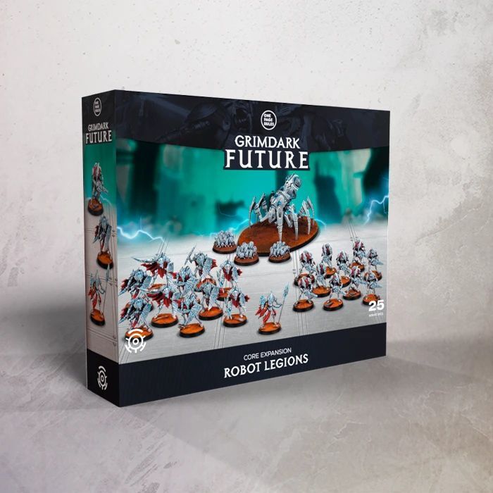 Grimdark Future: Robot Legions tabletop miniatures war game box, featuring a dark design with teal and white artwork of robotic figures on a white sci-fi landscape.