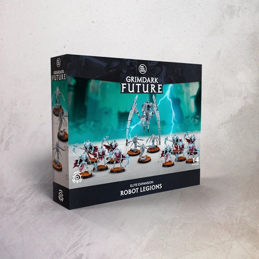 Grimdark Future Robot Legions game expansion box on a light gray background