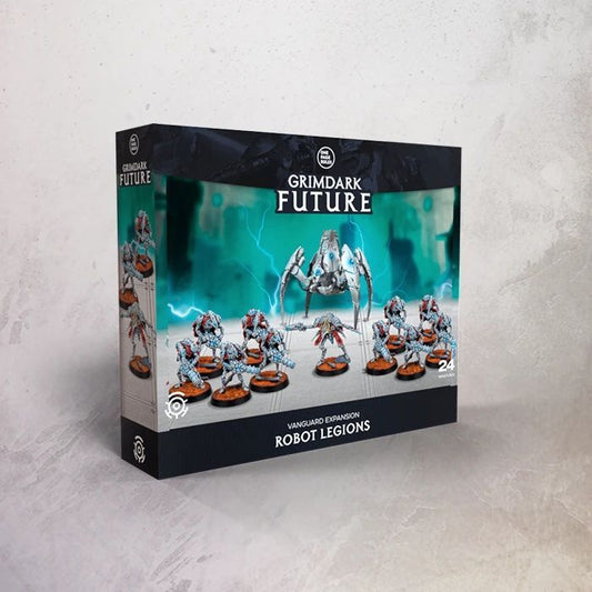 Grimdark Future Robot Legions gaming expansion box on a light gray background