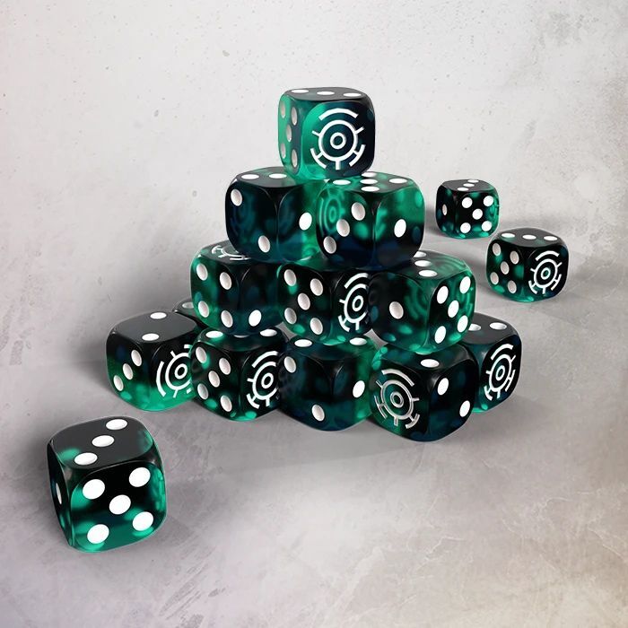 Green dice with white pips and black symbols on a gray surface