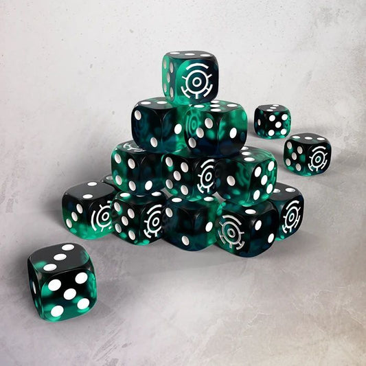 Green dice with white pips and black symbols on a gray surface