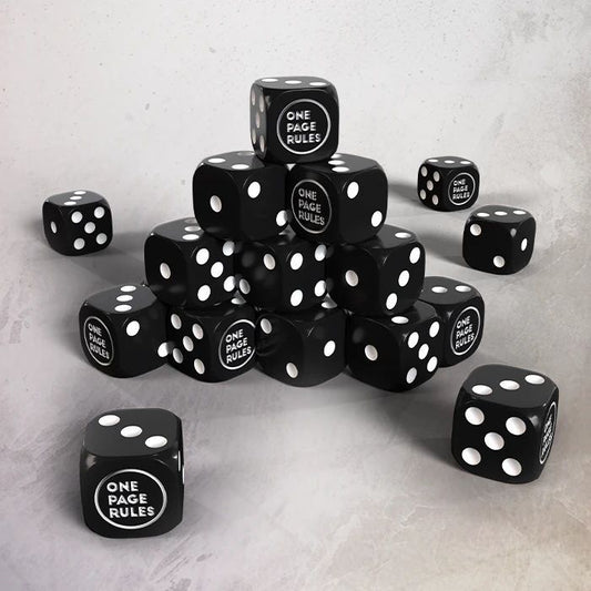Black dice with 'One Page Rules' text on a gray surface