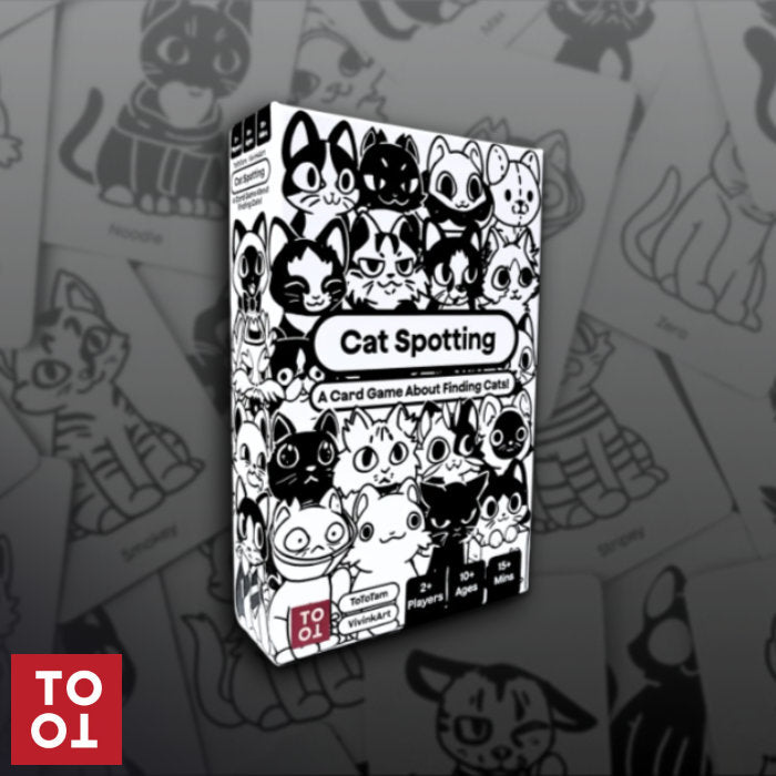 Card game box for 'Cat Spotting' with black and white cat illustrations on a gray background.