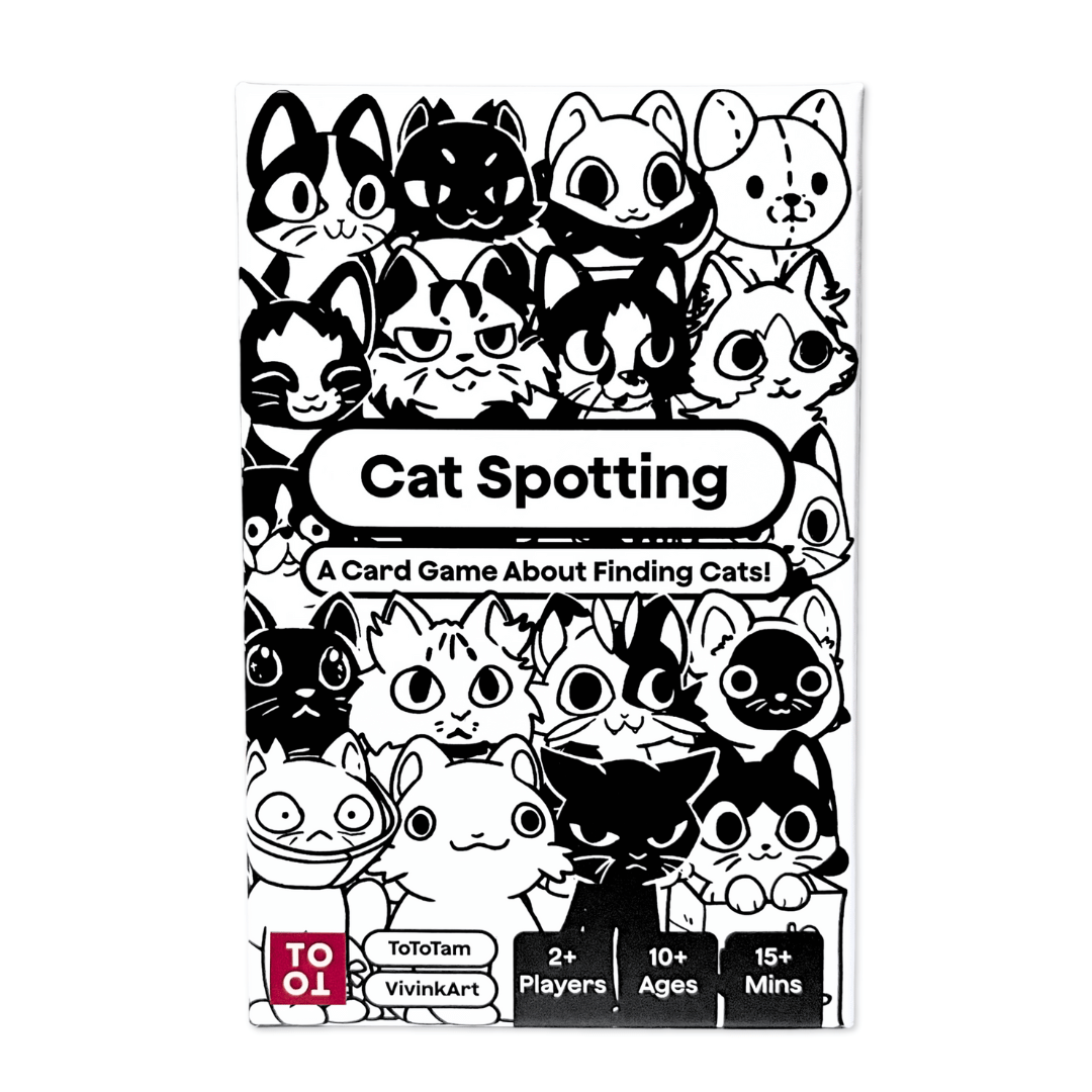 Card game packaging for 'Cat Spotting' with black and white cat illustrations on a white background.