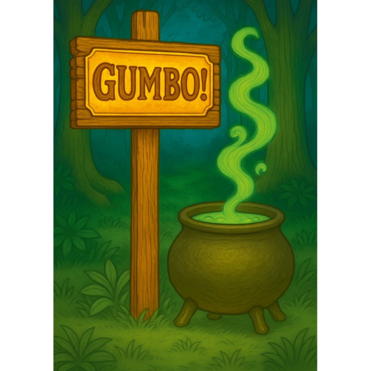 Board Game box cover art for the game "Gumbo!" with a cartoon-style illustration of a wooden sign reading “GUMBO!” beside a cauldron with green smoke, set in a green forest scene.