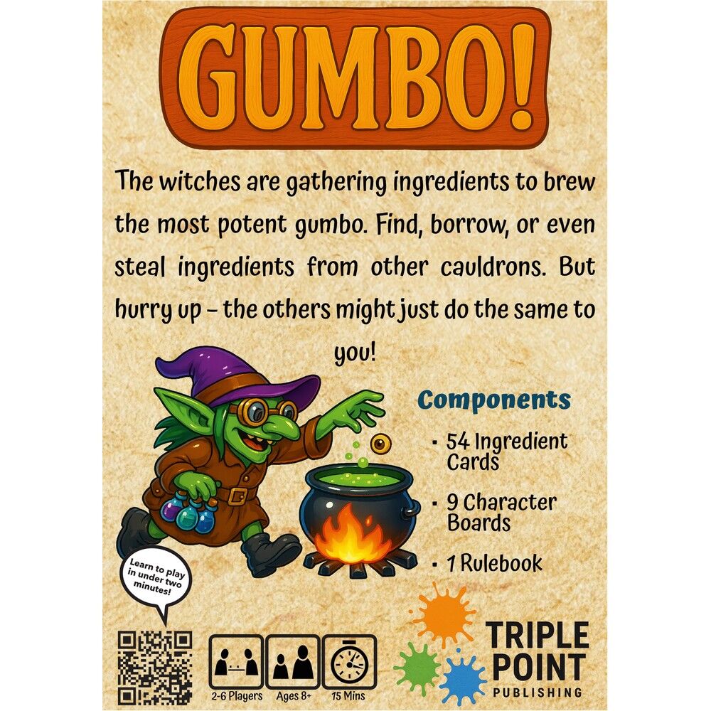 Back cover of the Triple Point Publishing board game 'Gumbo!' on a parchment-style background. The cover features a large orange title, black rules text, a cartoon green goblin wizard, a cauldron with green liquid, and component details including 54 ingredient cards, 9 character boards, and 1 rulebook.