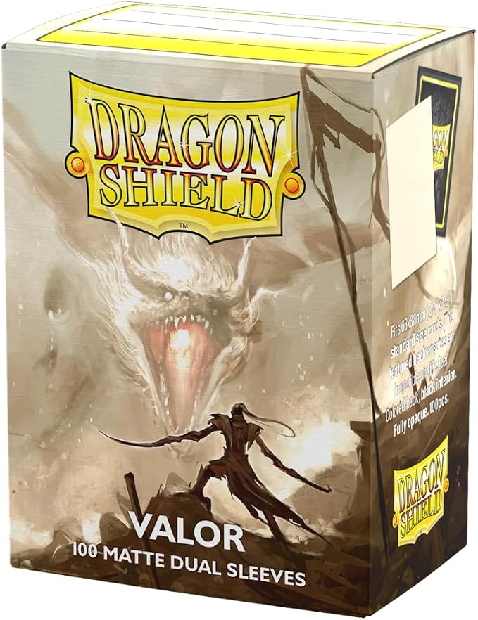 Dragon Shield Valor packaging with a dragon and warrior design on a beige background