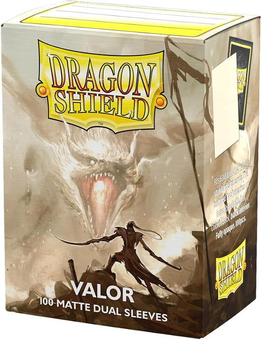 Dragon Shield Valor packaging with a dragon and warrior design on a beige background