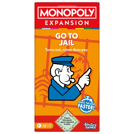 Monopoly Expansion 'Go To Jail' packaging with a cartoon character and text on a white background