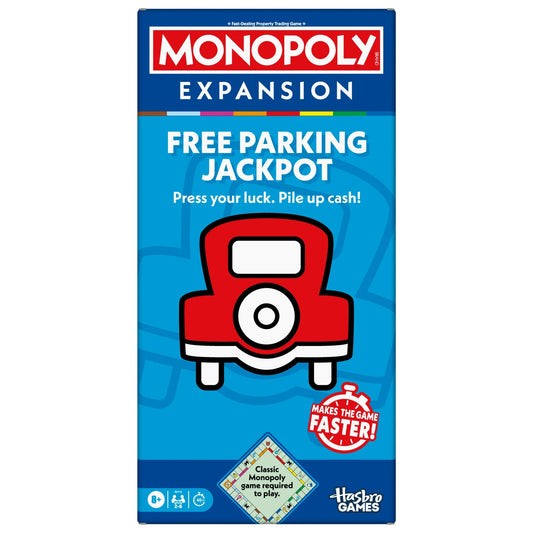 Front view of Monopoly Expansion packaging for 'Free Parking Jackpot' on a white background 