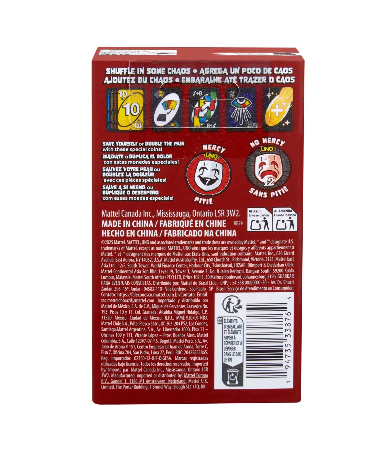 Back of a red card game box for UNO Show 'em No Mercy with text and symbols