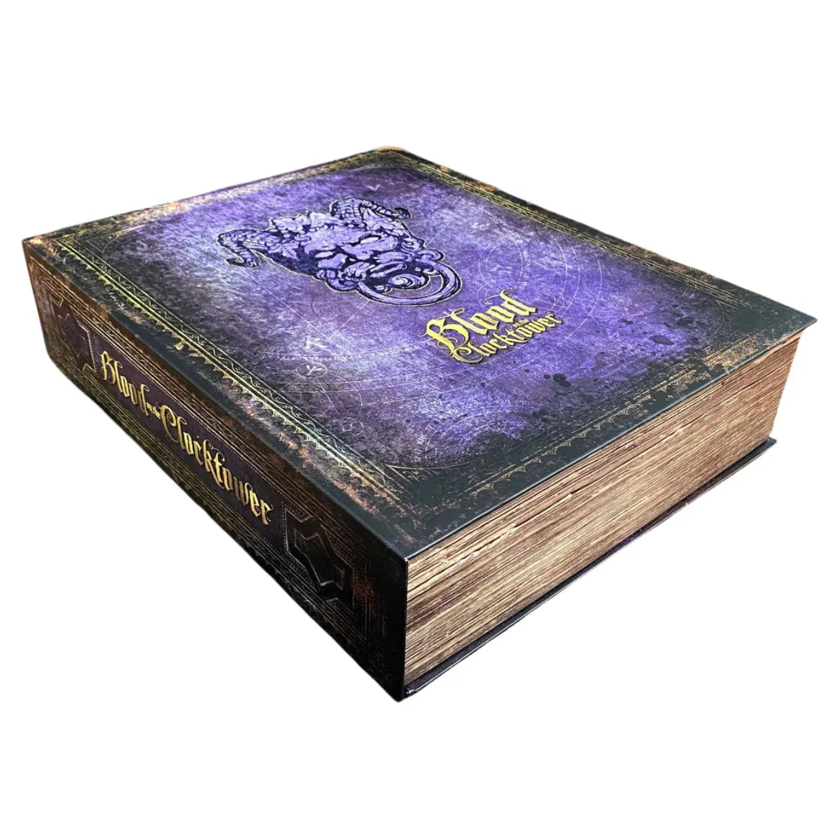 Decorative book with purple cover and gold text on a white background