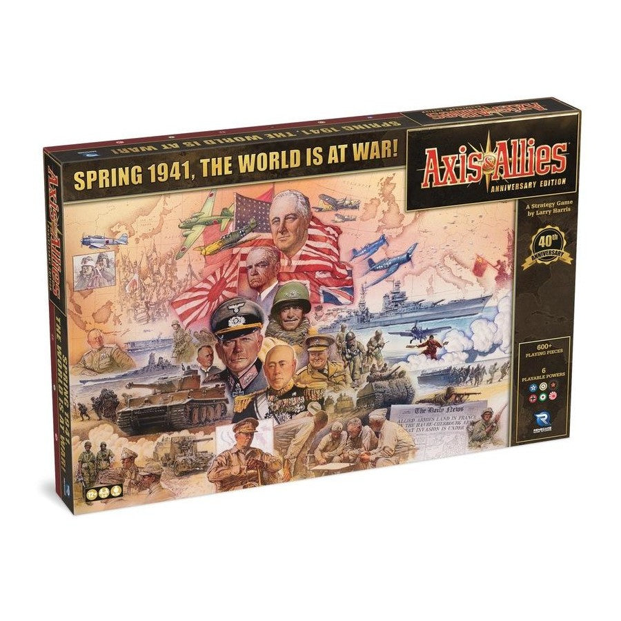 Board game box for 'Axis & Allies' with historical imagery and text on a white background
