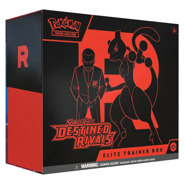 Pokémon Trading Card Game Elite Trainer Box Scarlet & Violet Destined Rivals packaging with character silhouette and red accents