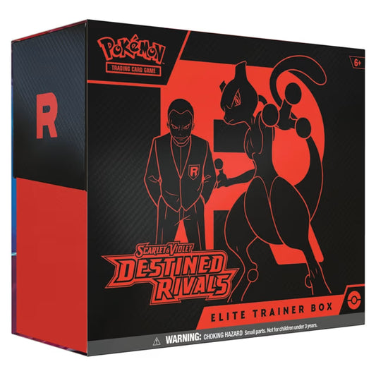 Pokémon Trading Card Game Elite Trainer Box Scarlet & Violet Destined Rivals packaging with character silhouette and red accents