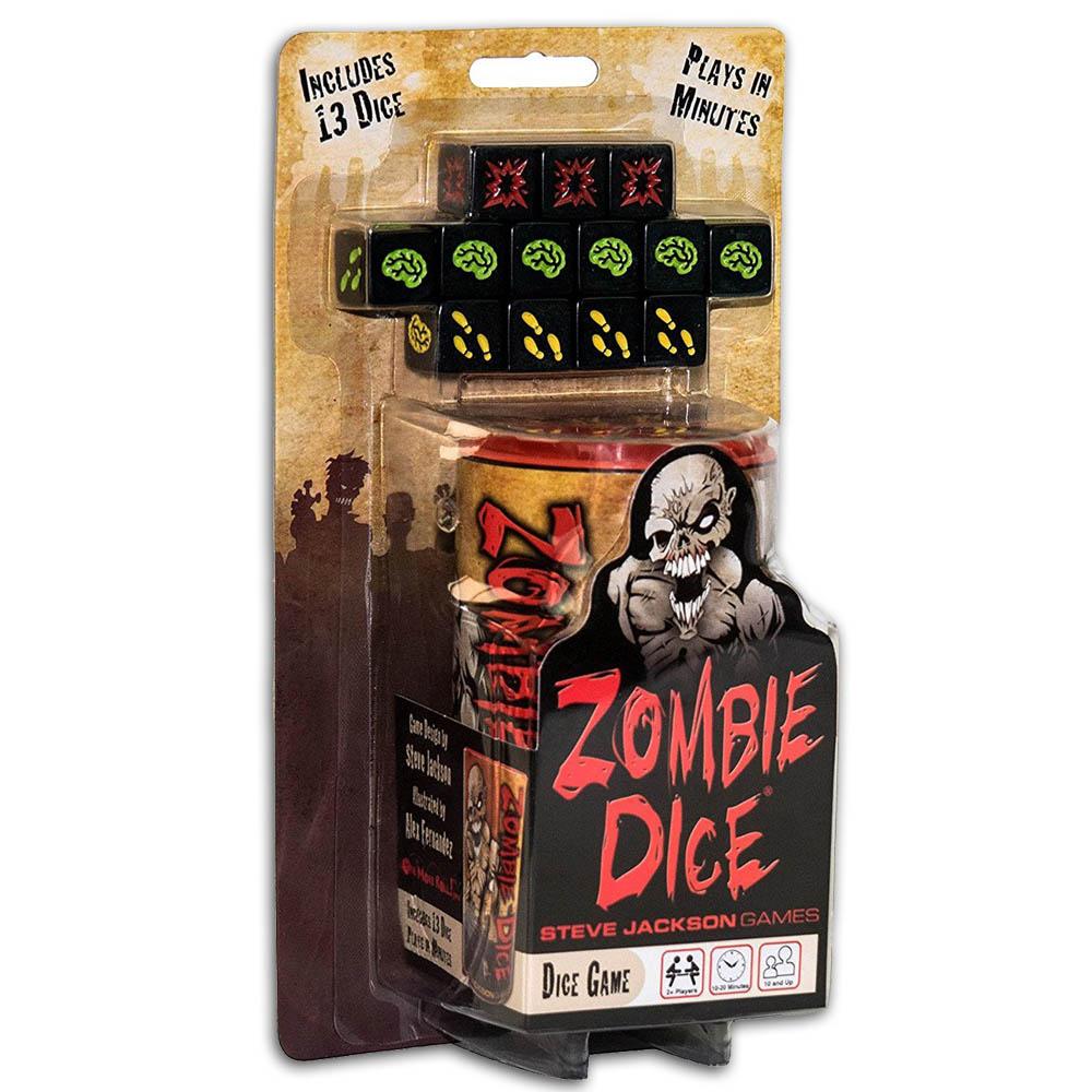 Zombie Dice game packaging with dice and skull illustration on a white background