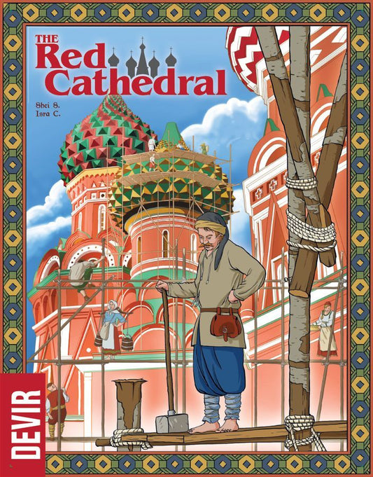 Board game cover of 'The Red Cathedral' with a man on scaffolding and a cathedral in the background.