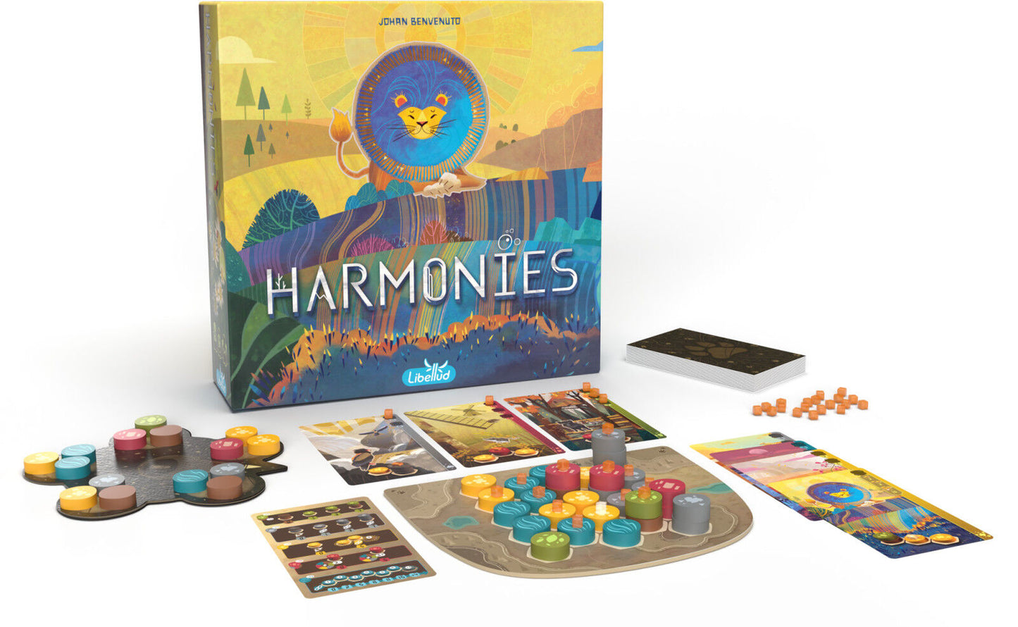 Board game 'Harmonies' with colorful components on a white background