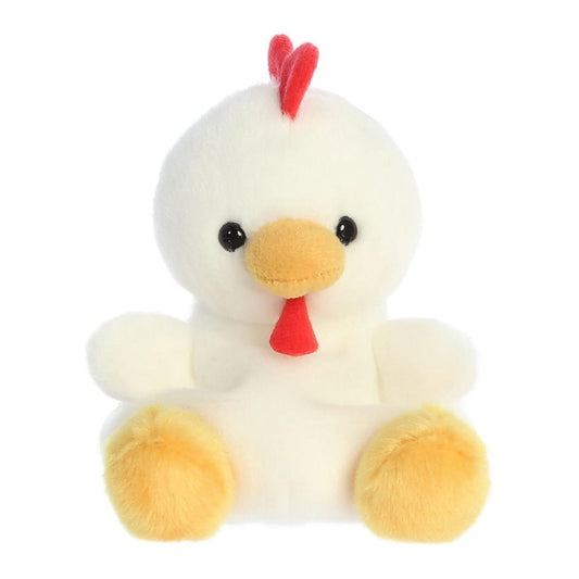 The Twice as Sweet Palm Pal Cooper Chicken is a fluffy white stuffed animal with yellow feet and beak, black button eyes, a red comb, and wattle, shown sitting upright against a white background.