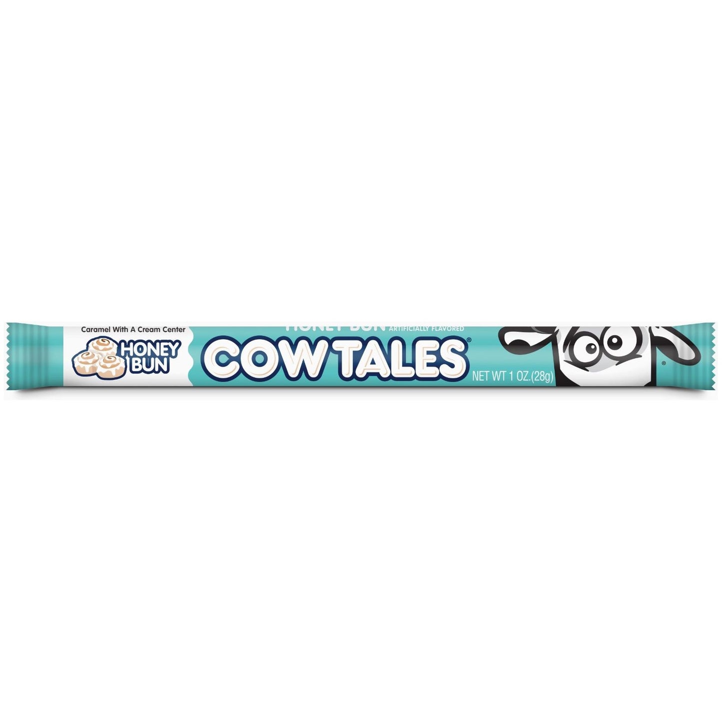 Cow Tales Honey Bun 28g (USA) by Twice as Sweet comes in a blue and white wrapper with a cartoon cow face and honey buns—ideal for caramel snack lovers.