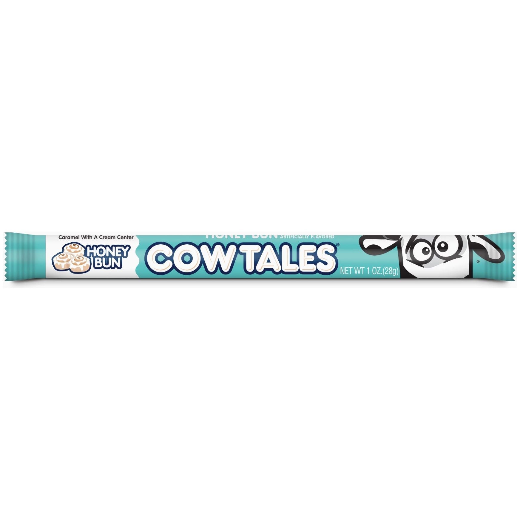 Cow Tales Honey Bun 28g (USA) by Twice as Sweet comes in a blue and white wrapper with a cartoon cow face and honey buns—ideal for caramel snack lovers.