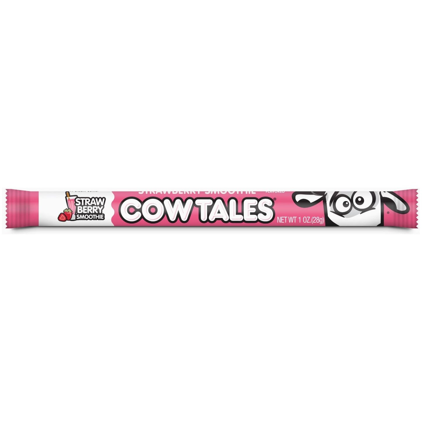 Twice as Sweet Cow Tales Strawberry Smoothie 28g (USA) comes in pink wrap with cartoon cow features and a strawberry image, showing its 1 oz (28g) net weight—ideal for fruity candy lovers.