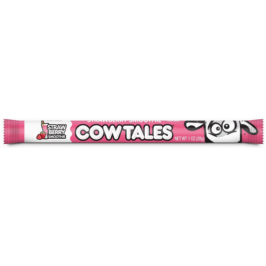 Twice as Sweet Cow Tales Strawberry Smoothie 28g (USA) comes in pink wrap with cartoon cow features and a strawberry image, showing its 1 oz (28g) net weight—ideal for fruity candy lovers.