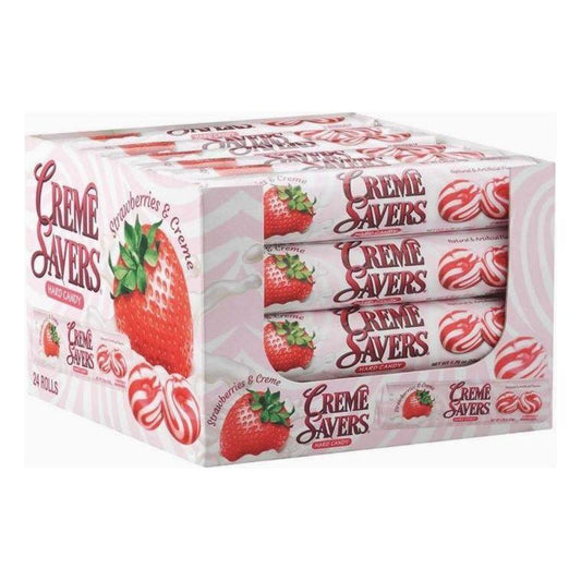 Twice as Sweet Creme Savers Strawberries & Creme 50g (USA) comes in nostalgic pink packaging with strawberry images and includes multiple individually wrapped candies.