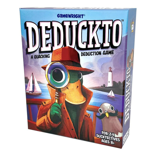 Board game box for 'Deduckto' by Gamewright with a duck character on a lighthouse background.