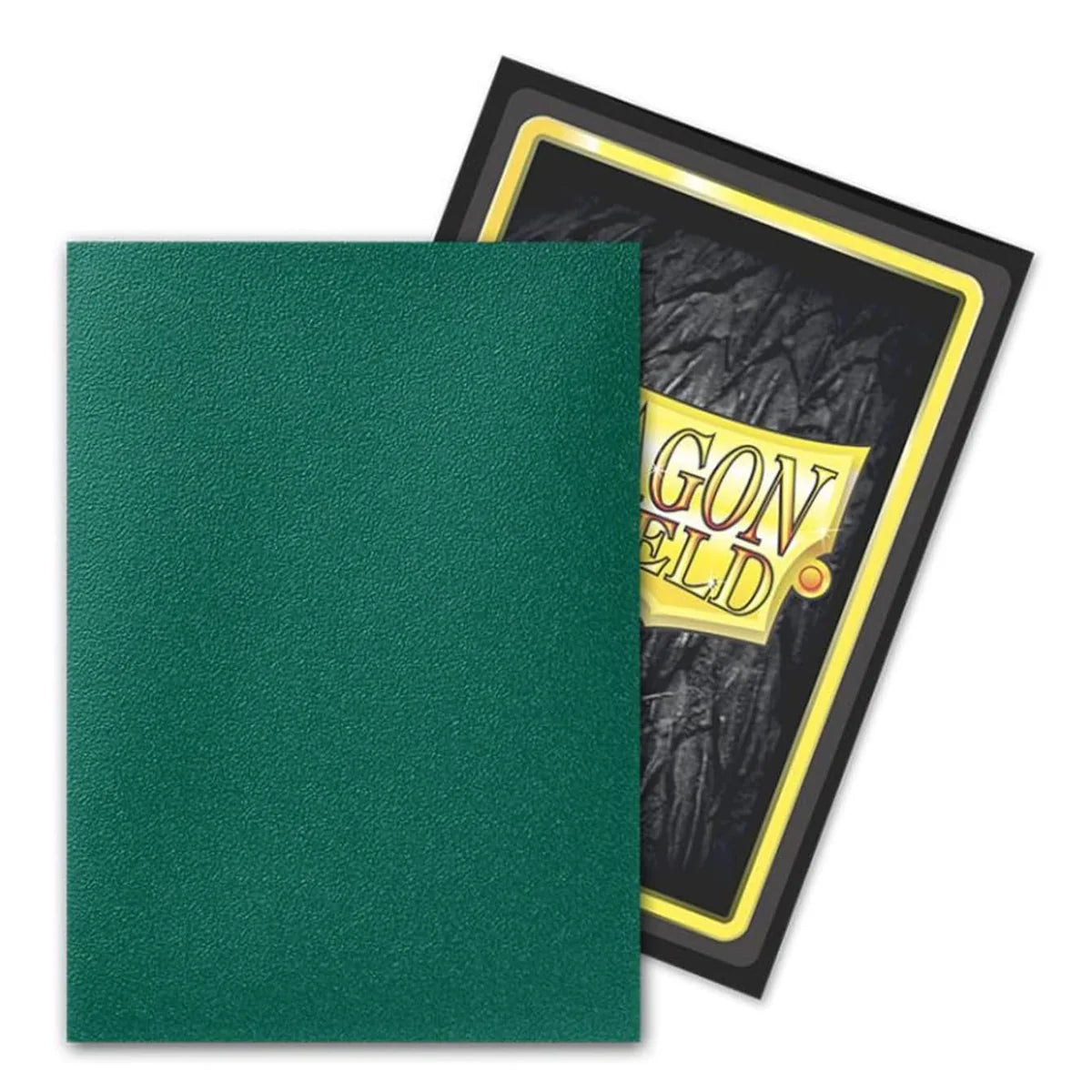 A green textured card protector sheet partially covering a black card sleeve with a yellow border and the Dragon Shield logo, on a white background.
