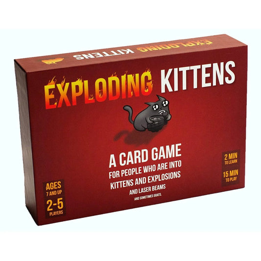Box of 'Exploding Kittens' card game with red background and white text