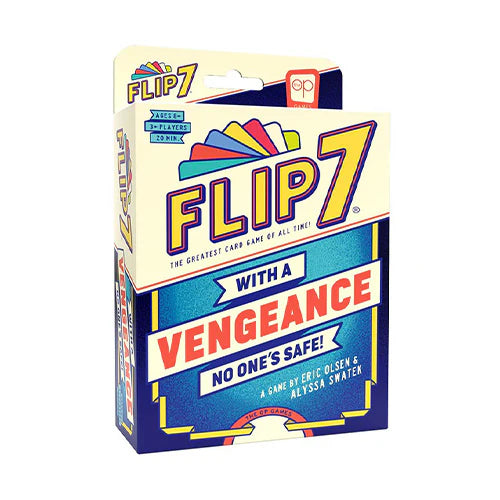 Card game packaging for 'Flip 7 with a Vengeance' on a white background