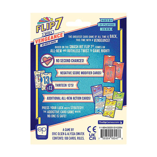 Rear view of card game packaging for 'Flip 7 with a Vengeance' by OUP Games on a white background.