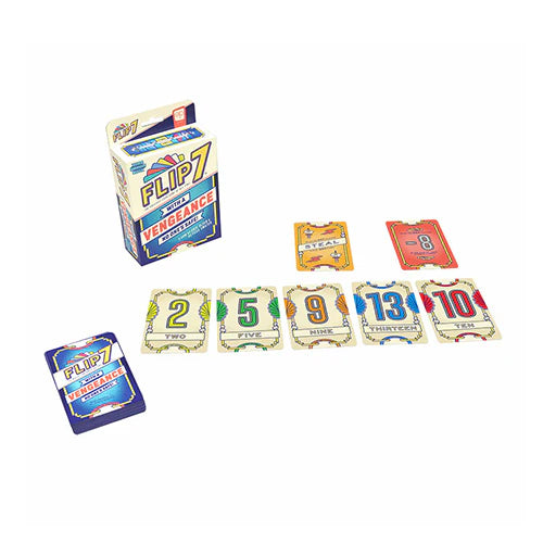 Card game 'Flip 7 With a Vengeance ' with cards and packaging on a white background 