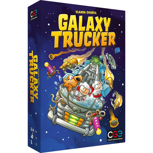 Front view board game box for 'Galaxy Trucker' with colorful illustration and text on a blue background